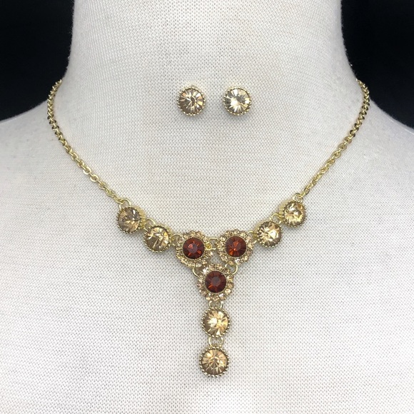 Gold Rhinestone Fancy Formal Necklace Earrings Set - Picture 1 of 3